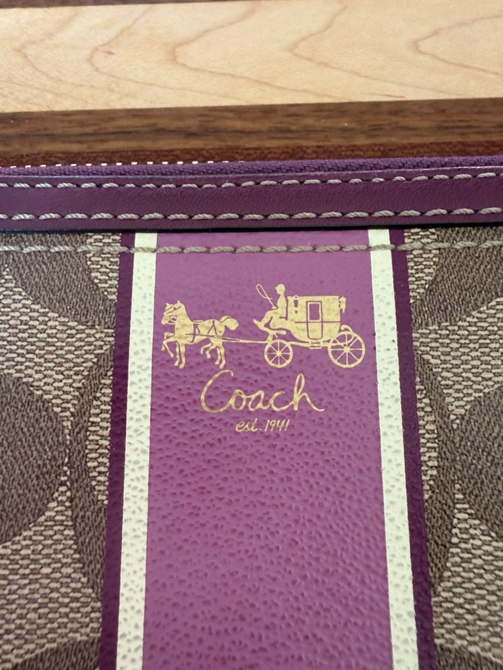 Coach Brown Signature Canvas Zip Wallet with Purple Trim - Picture 3 of 14